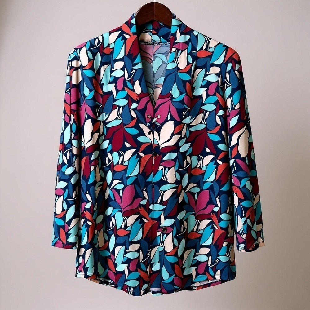Cable & Gauge Colorful Leaf Print Blouse Drapey V-Neck Top Stretch Sz XL Scarf